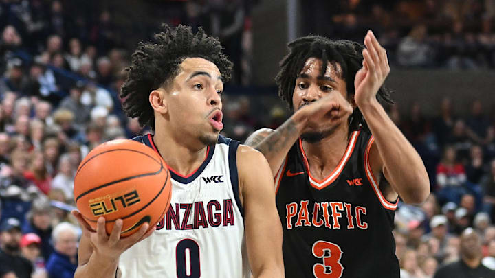 Feb 17, 2024; Spokane, Washington, USA; Gonzaga Bulldogs guard Ryan Nembhard (0) shoots the ball