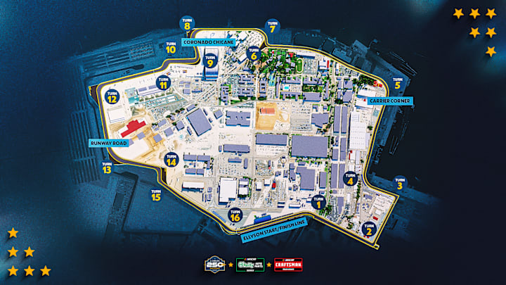 Here is the 16-turn, 3.4-mile layout for the NASCAR National Series events at Naval Base Coronado on Father's Day Weekend 2026.