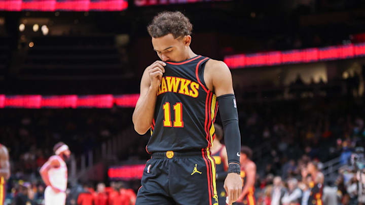 Nov 15, 2023; Atlanta, Georgia, USA; Atlanta Hawks guard Trae Young (11) before a game against the New York Knicks at State Farm Arena. Mandatory Credit: Brett Davis-Imagn Images
Nov 15, 2023; Atlanta, Georgia, USA; Atlanta Hawks guard Trae Young (11) before a game against the New York Knicks at State Farm Arena. Mandatory Credit: Brett Davis-Imagn Images