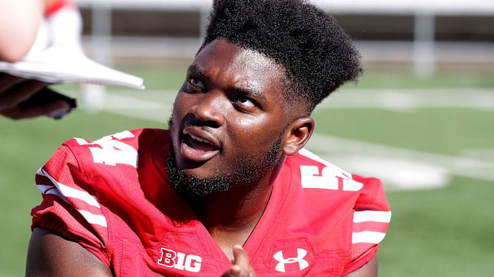 Inside linebacker Chris Orr is interviewed during UW's media day.

Uwgrid01 20 Wood