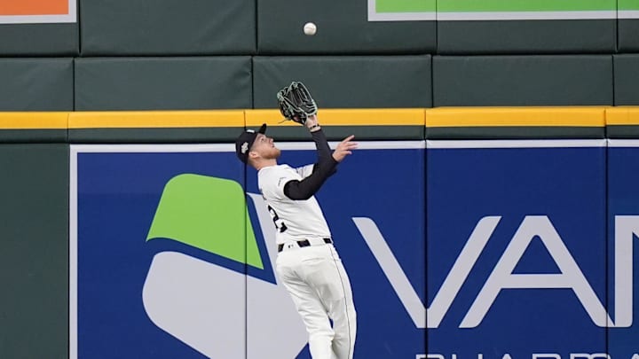 Tigers center fielder Parker Meadows catches for a fly out against Mariners during the third inning of ALDS Game 3 at Comerica Park in Detroit on Tuesday, Oct. 7, 2025.