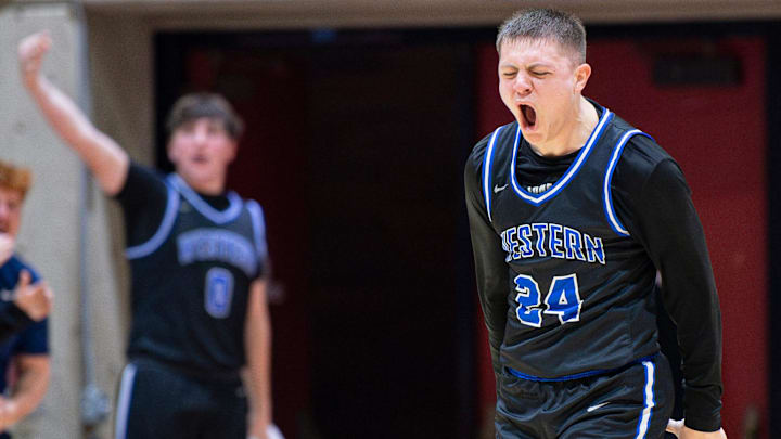 Western Christian's Lucas Zook (24) celebrates making a three-pointer during the Capitol City Classic at Willamette University on Saturday, Dec. 21, 2024, in Salem, Ore.