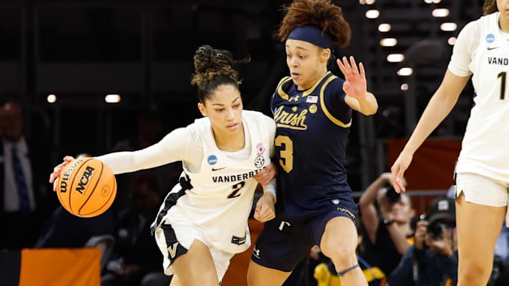Mar 27, 2026; Fort Worth, TX, USA; Vanderbilt Commodores guard Jada Brown (2) controls the ball as Notre Dame Fighting Irish guard Hannah Hidalgo (3) defends during the first half at Dickies Arena. Mandatory Credit: Chris Jones-Imagn Images Mar 27, 2026; Fort Worth, TX, USA; Vanderbilt Commodores guard Jada Brown (2) controls the ball as Notre Dame Fighting Irish guard Hannah Hidalgo (3) defends during the first half at Dickies Arena. Mandatory Credit: Chris Jones-Imagn Images