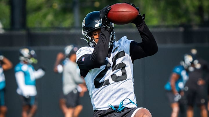 Jacksonville Jaguars safety Rayuan Lane III (25) hauls in a pass during drills during the seventh organized team activity at the Miller Electric Center in Jacksonville, Fla. Monday, June 2, 2025. [Doug Engle/Florida Times-Union]