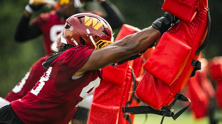 Washington Commanders rookie edge rusher Joshua Josephs works through a pass-rush drill during training camp in Ashburn, Virginia. Washington Commanders rookie edge rusher Joshua Josephs works through a pass-rush drill during training camp in Ashburn, Virginia.