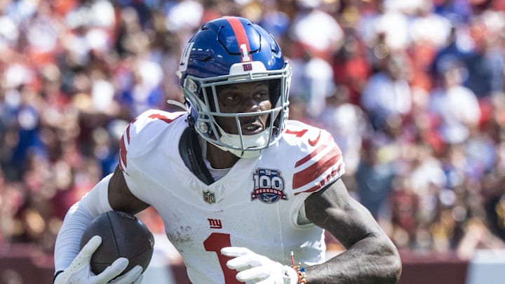 Sep 15, 2024; Landover, Maryland, USA; New York Giants wide receiver Malik Nabers (1) runs down field during the first half at Commanders. 