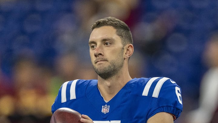 Oct 30, 2022; Indianapolis, Indiana, USA; Indianapolis Colts punter Matt Haack (6) warms up on Sunday, Oct. 30, 2022, before a game against the Washington Commanders at Lucas Oil Stadium in Indianapolis. Mandatory Credit: Max Gersh/IndyStar-Imagn Images Oct 30, 2022; Indianapolis, Indiana, USA; Indianapolis Colts punter Matt Haack (6) warms up on Sunday, Oct. 30, 2022, before a game against the Washington Commanders at Lucas Oil Stadium in Indianapolis. Mandatory Credit: Max Gersh/IndyStar-Imagn Images