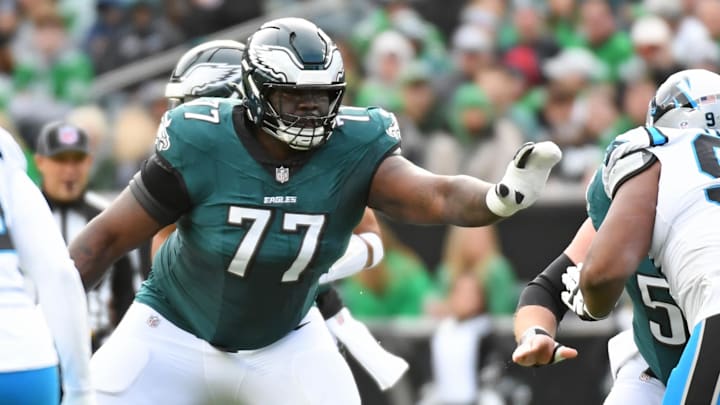 Philadelphia Eagles offensive guard Mekhi Becton (77). Philadelphia Eagles offensive guard Mekhi Becton (77).