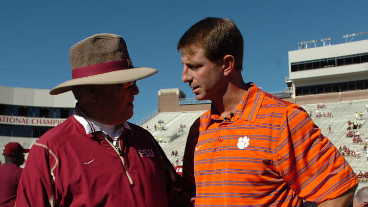 Clemson interim head coach Dabo Swinney talks with Florida State head coach Bobby Bowden before their game Saturday, Nov. 8, 2008 at FSU's Doak Campbell Stadium in Tallahassee, Fl.
Clemson Fsu Football Clemson interim head coach Dabo Swinney talks with Florida State head coach Bobby Bowden before their game Saturday, Nov. 8, 2008 at FSU's Doak Campbell Stadium in Tallahassee, Fl.
Clemson Fsu Football