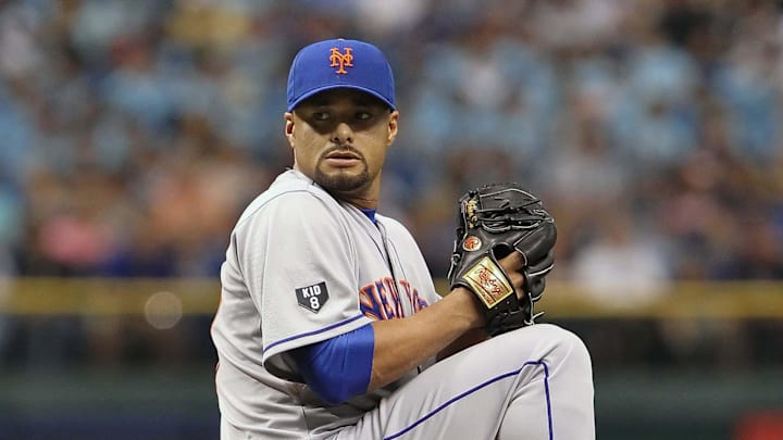 June 14, 2012; St. Petersburg, FL, USA; New York Mets starting pitcher Johan Santana (57) throws a pitch in the first inning against the Tampa Bay Rays at Tropicana Field. Mandatory Credit: Kim Klement-Imagn Images June 14, 2012; St. Petersburg, FL, USA; New York Mets starting pitcher Johan Santana (57) throws a pitch in the first inning against the Tampa Bay Rays at Tropicana Field. Mandatory Credit: Kim Klement-Imagn Images
