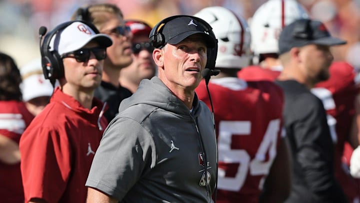 Oklahoma head coach Brent Venables during the first half of an NCAA football game between the Oklahoma Sooners (OU) and Kent State Golden Flashes at Gaylord Family - Oklahoma Memorial Stadium in Norman, Okla., Saturday, Oct. 4, 2025.