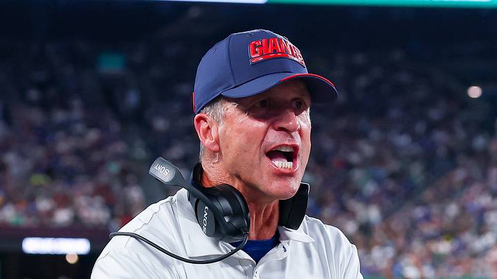 Aug 28, 2026; East Rutherford, New Jersey, USA; New York Giants head coach John Harbaugh reacts during the first half against the New York Jets at MetLife Stadium. Mandatory Credit: Vincent Carchietta-Imagn Images Aug 28, 2026; East Rutherford, New Jersey, USA; New York Giants head coach John Harbaugh reacts during the first half against the New York Jets at MetLife Stadium. Mandatory Credit: Vincent Carchietta-Imagn Images