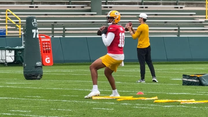 Jordan Love goes through drills at Packers training camp on Monday. Jordan Love goes through drills at Packers training camp on Monday.