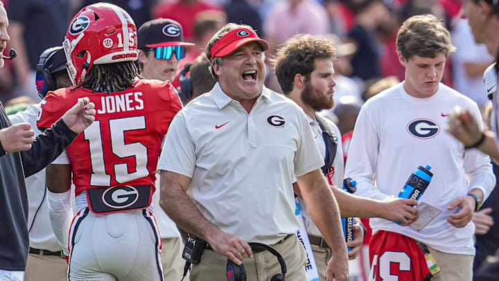 Aug 30, 2025; Athens, Georgia, USA; Georgia Bulldogs head coach Kirby Smart (center) reacts during the game against the Marshall Thundering Herd at Sanford Stadium. Mandatory Credit: Dale Zanine-Imagn Images Aug 30, 2025; Athens, Georgia, USA; Georgia Bulldogs head coach Kirby Smart (center) reacts during the game against the Marshall Thundering Herd at Sanford Stadium. Mandatory Credit: Dale Zanine-Imagn Images