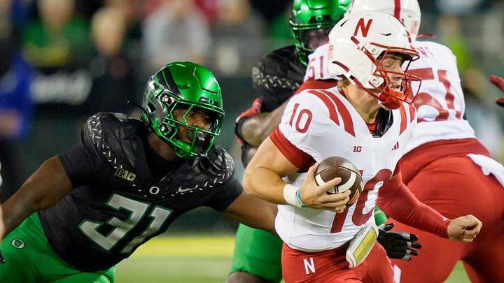 Oregon Ducks outside linebacker Nasir Wyatt, left, tackles Nebraska Cornhuskers quarterback Anthony Colandrea as the Oregon Ducks host the Nebraska Cornhuskers on Oct. 17, 2026, at Autzen Stadium in Eugene, Oregon.