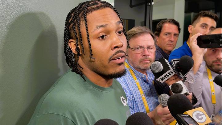 Green Bay Packers RB Josh Jacobs talks to reporters on Wednesday. Green Bay Packers RB Josh Jacobs talks to reporters on Wednesday.