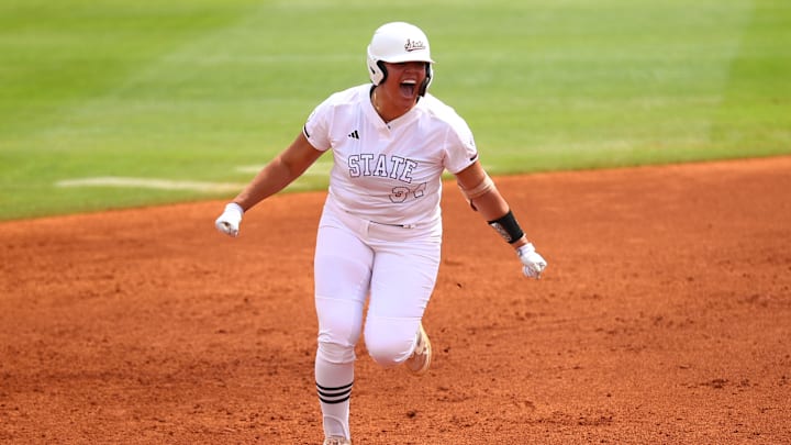 Mississippi State softball's Matalasi Faapito celebrates her first inning home run against Georgia on Sunday.