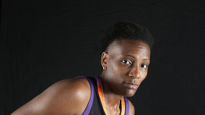 Phoenix Mercury's Natasha Mack (4) during media day at Footprint Center in Phoenix on May 9, 2024.