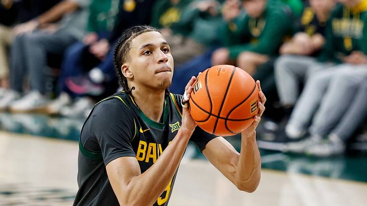 Feb 4, 2026; Waco, Texas, USA; Baylor Bears guard Cameron Carr (43) shoots a free throw against the Colorado Buffaloes during the second half at Paul and Alejandra Foster Pavilion. Mandatory Credit: Chris Jones-Imagn Images