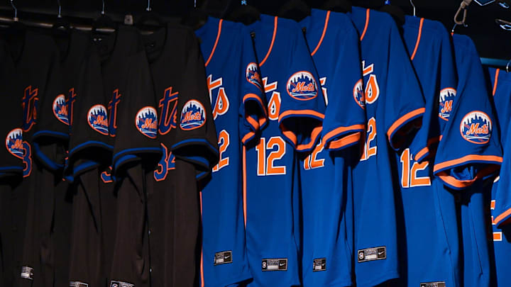 Mar 29, 2024; New York City, New York, USA; New York Mets uniforms are displayed before the opening day game against the Milwaukee Brewer at Citi Field. Mandatory Credit: Vincent Carchietta-Imagn Images