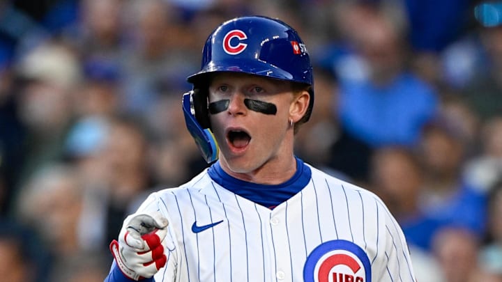 Oct 8, 2025; Chicago, Illinois, USA; Chicago Cubs center fielder Pete Crow-Armstrong (4) reacts after striking out against the Milwaukee Brewers in the third inning during game three of the NLDS round for the 2025 MLB playoffs at Wrigley Field. Mandatory Credit: Matt Marton-Imagn Images