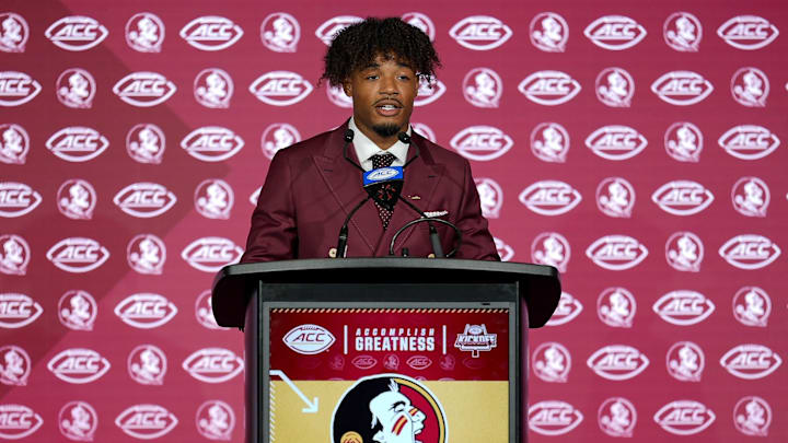 Jul 23, 2025; Charlotte, NC, USA; FSU quarterback Tommy Castellanos answers questions from the media during ACC Media days at Hilton Charlotte Uptown. Mandatory Credit: Jim Dedmon-Imagn Images
