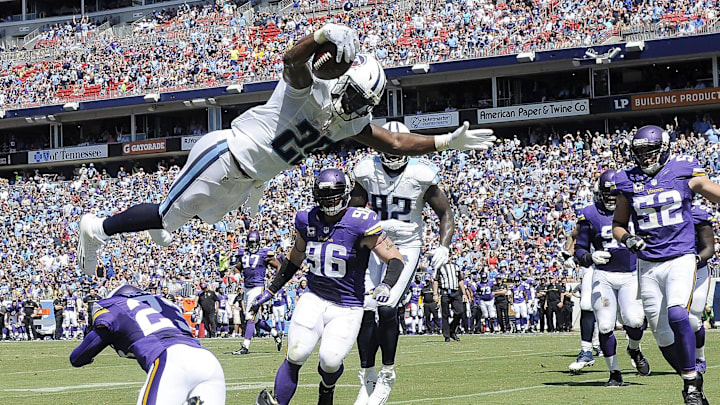 Tennessee Titans running back DeMarco Murray (29) goes up high for the team's first touchdown of the year in their home and season opener against the Minnesota Vikings at Nissan Stadium in Nashville on Sept. 11, 2016. The Titans lost 25-16.