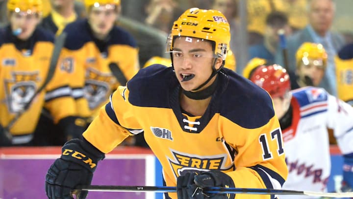 Erie Otters forward Malcolm Spence skates during an Ontario Hockey League Western Conference quarterfinal game against the Kitchener Rangers at Erie Insurance Arena in Erie on April 2, 2024. Erie Otters forward Malcolm Spence skates during an Ontario Hockey League Western Conference quarterfinal game against the Kitchener Rangers at Erie Insurance Arena in Erie on April 2, 2024.