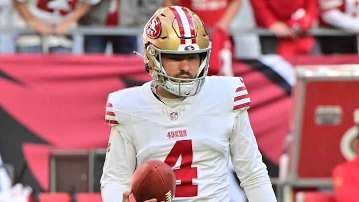 Jan 5, 2025; Glendale, Arizona, USA; San Francisco 49ers place kicker Jake Moody (4) looks on prior to the game against the Arizona Cardinals at State Farm Stadium. Mandatory Credit: Matt Kartozian-Imagn Images Jan 5, 2025; Glendale, Arizona, USA; San Francisco 49ers place kicker Jake Moody (4) looks on prior to the game against the Arizona Cardinals at State Farm Stadium. Mandatory Credit: Matt Kartozian-Imagn Images