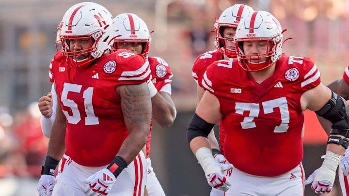 Justin Evans is at left guard and Gunnar Gottula at left tackle as the Huskers line up against Rutgers last season.