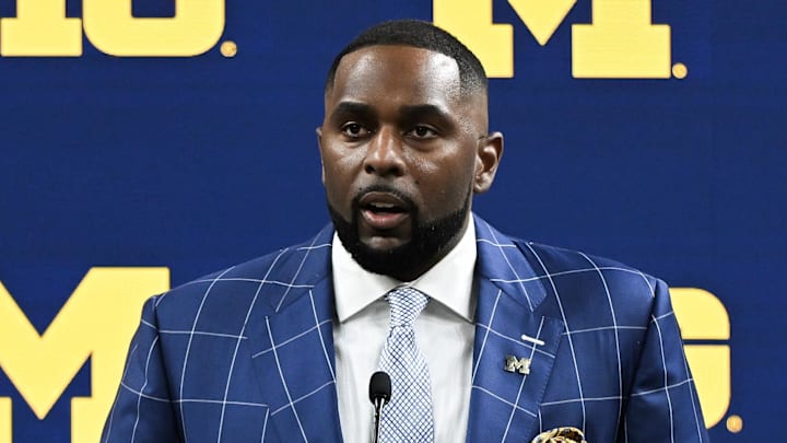 Jul 25, 2024; Indianapolis, IN, USA; Michigan Wolverines head coach Sherrone Moore speaks to the media during the Big 10 football media day at Lucas Oil Stadium. Mandatory Credit: Robert Goddin-USA TODAY Sports