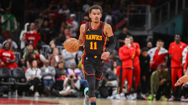 Oct 27, 2023; Atlanta, Georgia, USA; Atlanta Hawks guard Trae Young (11) dribbles against the New York Knicks in the second half at State Farm Arena. Mandatory Credit: Brett Davis-Imagn Images