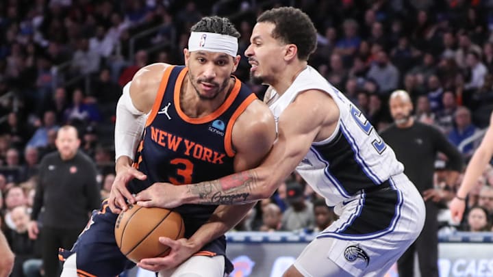 Mar 8, 2024; New York, New York, USA;  New York Knicks guard Josh Hart (3) looks to drive past Orlando Magic guard Cole Anthony (50) in the fourth quarter at Madison Square Garden. Mandatory Credit: Wendell Cruz-Imagn Images