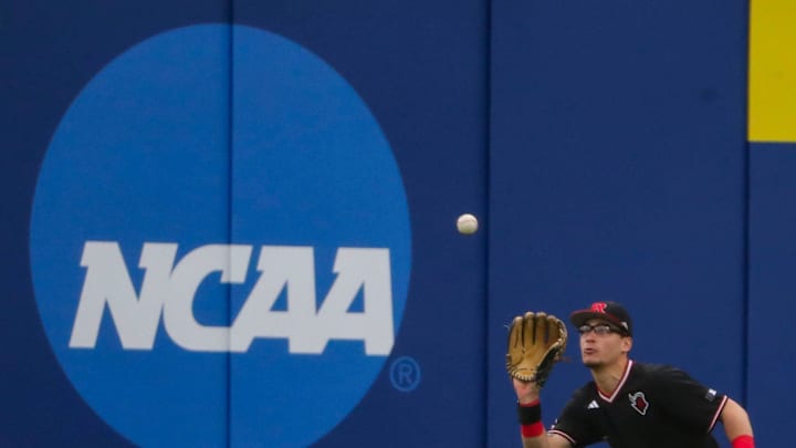 Rutgers right fielder Trevor Cohen pulls in a fly in the fifth inning of Rutgers' 15-10 win against Delaware at Hannah Stadium to start a three-game weekend series in Newark, Delaware, Friday, March 15, 2024.