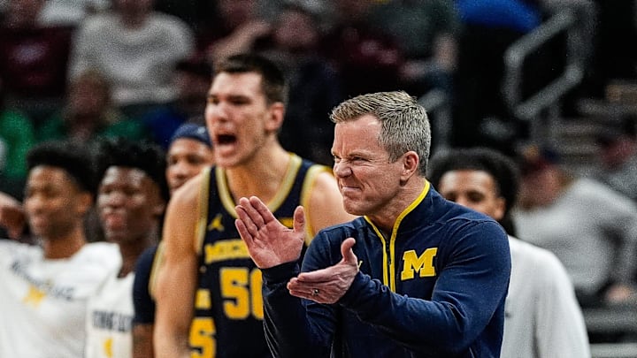 Michigan head coach Dusty May celebrates a play against Maryland during the second half of Big Ten Tournament semifinal at Gainbridge Fieldhouse in Indianapolis, Ind. on Saturday, March 15, 2025.