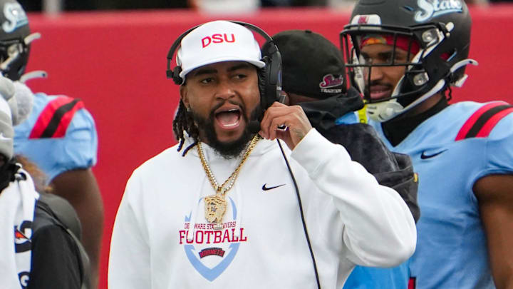 Delaware State head coach DeSean Jackson directs his team against South Carolina State at Alumni Stadium on Nov. 22, 2025. Delaware State head coach DeSean Jackson directs his team against South Carolina State at Alumni Stadium on Nov. 22, 2025.