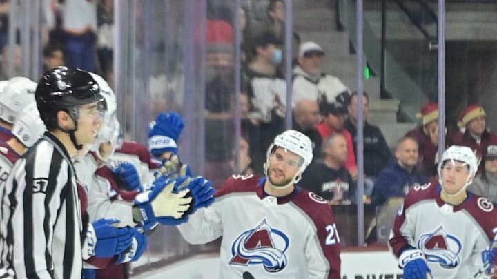 Dec 27, 2023; Tempe, Arizona, USA; Colorado Avalanche left wing Jonathan Drouin (27) celebrates with