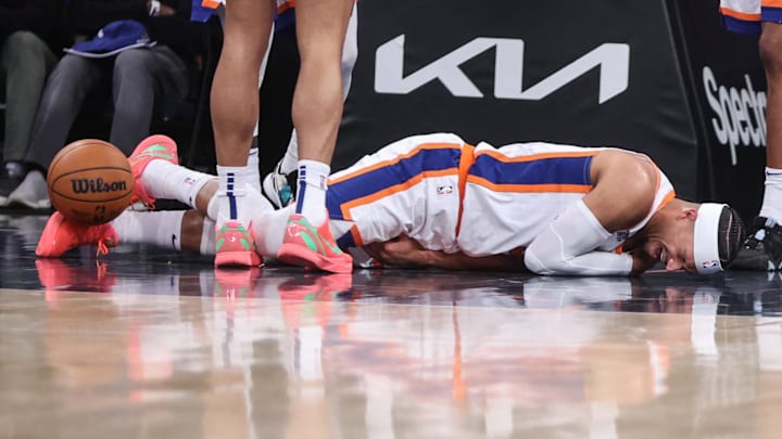 Jan 17, 2025; New York, New York, USA; New York Knicks guard Josh Hart (3) reacts after falling to the floor in the third quarter against the Minnesota Timberwolves at Madison Square Garden. Mandatory Credit: Wendell Cruz-Imagn Images