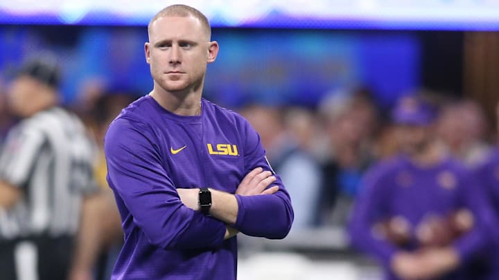 Dec 28, 2019; Atlanta, Georgia, USA; LSU Tigers passing game coordinator/wide receivers coach Joe Brady looks on before the 2019 Peach Bowl college football playoff semifinal game against the Oklahoma Sooners.
