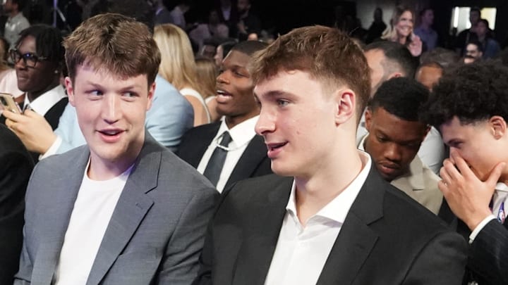 May 12, 2025; Chicago, Illinois, US; Duke players L-R Kon Knueppel and Cooper Flagg, during the 2025 NBA Draft Lottery at McCormick Place. Mandatory Credit: David Banks-Imagn Images May 12, 2025; Chicago, Illinois, US; Duke players L-R Kon Knueppel and Cooper Flagg, during the 2025 NBA Draft Lottery at McCormick Place. Mandatory Credit: David Banks-Imagn Images