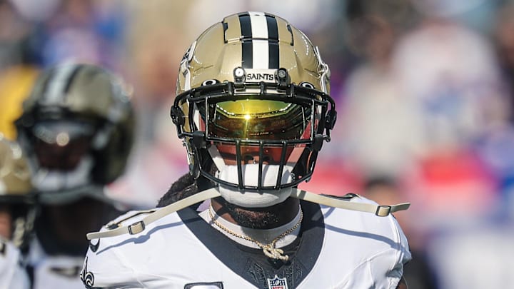 Dec 8, 2024; East Rutherford, New Jersey, USA; New Orleans Saints running back Alvin Kamara (41) looks on before the game against the New York Giants at MetLife Stadium. Mandatory Credit: Vincent Carchietta-Imagn Images
