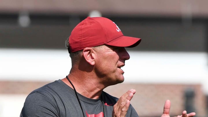 The Crimson Tide football team continued practice Thursday, Aug. 1, 2024, as they prepare for the season opener and the first game under new head coach Kalen DeBoer. DeBoer applauds the effort of one of his defensive backs.