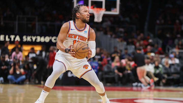 Nov 15, 2023; Atlanta, Georgia, USA; New York Knicks guard Jalen Brunson (11) shoots against the Atlanta Hawks in the second quarter at State Farm Arena. Mandatory Credit: Brett Davis-Imagn Images