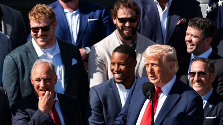 President Donald Trump welcomes players and staff of the Philadelphia Eagles to celebrate their Super Bowl victory at the White House Monday, April 28, 2025.