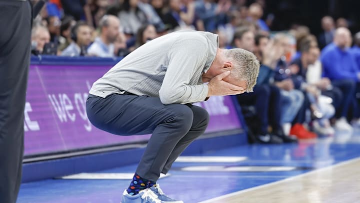 Golden State Warriors head coach Steve Kerr reacts after a play against the Oklahoma City Thunder at Paycom Center. Golden State Warriors head coach Steve Kerr reacts after a play against the Oklahoma City Thunder at Paycom Center.