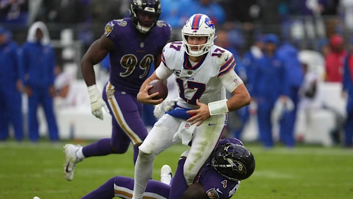 Oct 2, 2022; Baltimore, Maryland, USA; Buffalo Bills quarterback Josh Allen (17) runs for a first down in the third quarter against the Baltimore Ravens at M&T Bank Stadium.