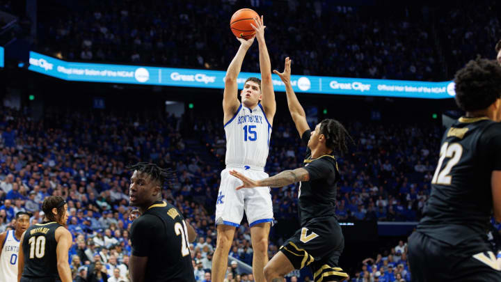 Mar 6, 2024; Lexington, Kentucky, USA; Kentucky Wildcats guard Reed Sheppard (15) shoots the ball during the second half against the Vanderbilt Commodores at Rupp Arena at Central Bank Center. 