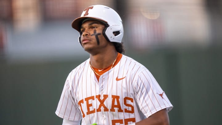 Texas outfielder Jonah Williams (55) stands on first base during the Longhorns' game against Louisville at UFCU Disch-Falk Field in Austin Tuesday, May 6, 2025.