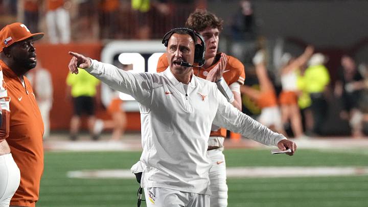 Texas Longhorns head coach Steve Sarkisian reacts during the first half against the Mississippi Rebels at Darrell K Royal-Texas Memorial Stadium. Texas Longhorns head coach Steve Sarkisian reacts during the first half against the Mississippi Rebels at Darrell K Royal-Texas Memorial Stadium.