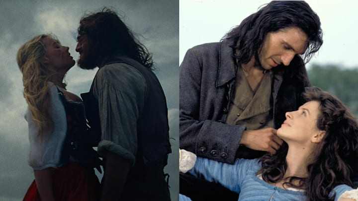 Margot Robbie and Jacob Elordi in ‘Wuthering Heights’ (2026); Juliette Binoche and Ralph Fiennes in ‘Wuthering Heights’ (1992)